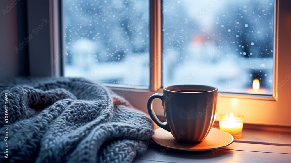 Winter holidays, evening calm and cosy home, cup of tea or coffee mug and knitted blanket near window in the English countryside cottage, holiday atmosphere inspiration Winter holidays, evening calm and cosy home, cup of tea or coffee mug and knitted blanket near window in the English countryside cottage, holiday atmosphere inspiration