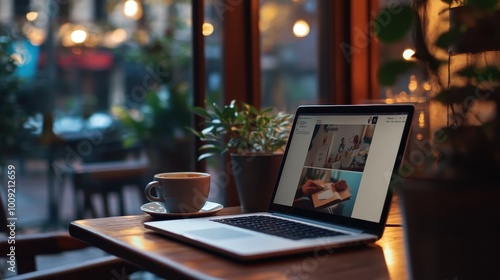 Wallpaper Mural Cozy Cafe Workspace with Laptop and Coffee Torontodigital.ca