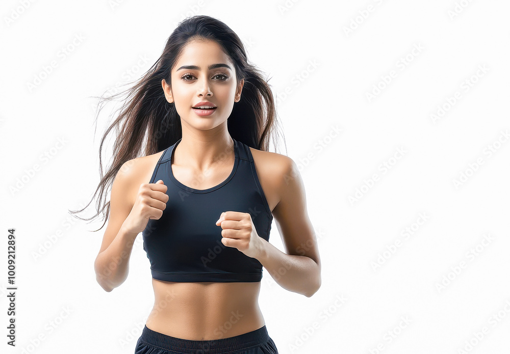young indian woman running on isolated background young indian woman running on isolated background