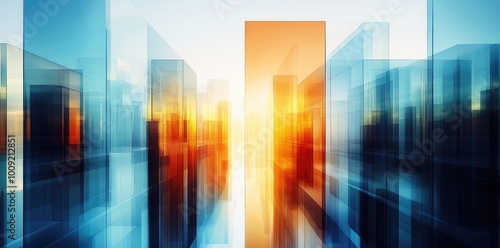 Modern City Glass Buildings and Skyscrapers with Blue and Orange Light, Abstract Background Illustration Art