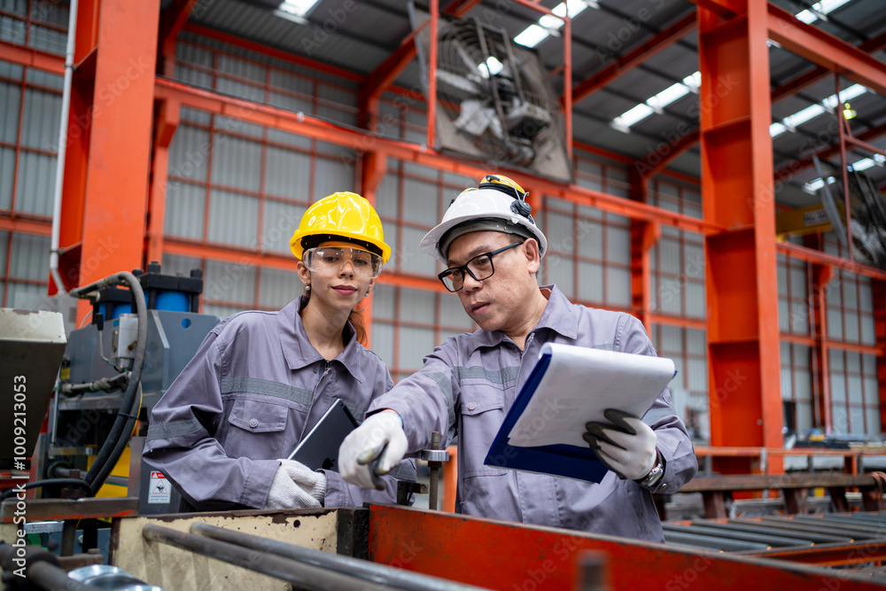 custom made wallpaper toronto digitalTwo workers in a factory, one pointing at a clipboard. Scene is serious and focused