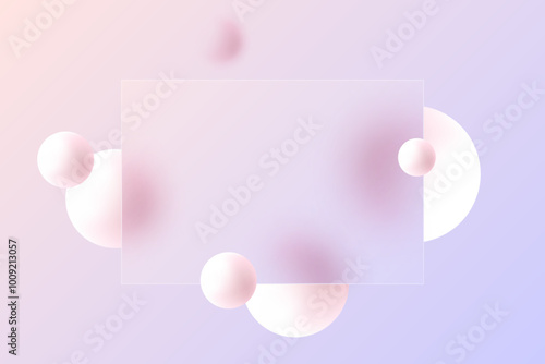 Website landing page template in glass morphism style. Frosted glass partition with floating spheres.