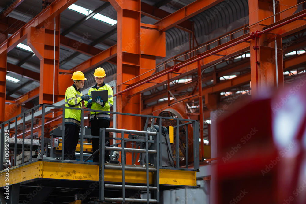 Two men are standing on a platform in a factory, looking at a computer screen. They are wearing yellow and black safety gear Two men are standing on a platform in a factory, looking at a computer screen. They are wearing yellow and black safety gear