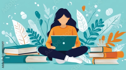 A woman is sitting on the floor with a laptop and a stack of books