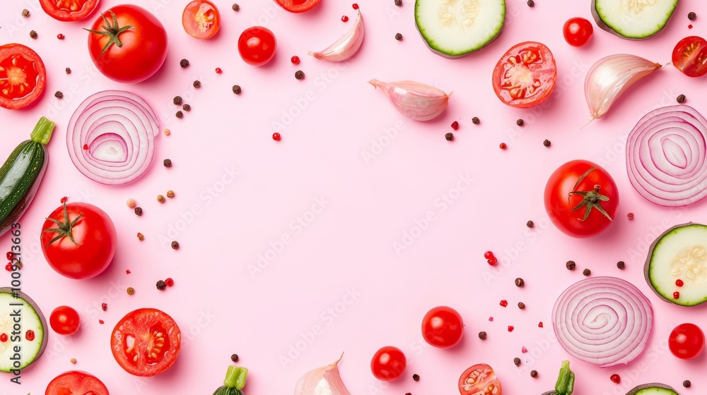 Top-down view of sliced onions, cherry tomatoes, and zucchini on a pastel pink background in clean vector style. Top-down view of sliced onions, cherry tomatoes, and zucchini on a pastel pink background in clean vector style.