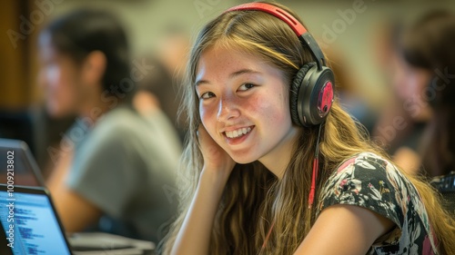 A girl wearing headphones is smiling