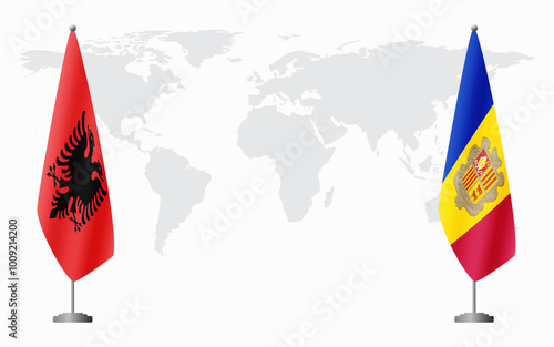 Albania and Andorra flags for official meeting against background of world map.