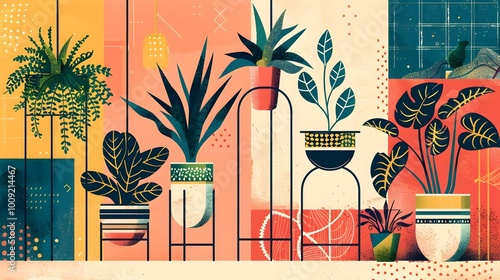 Vibrant Set of Flourishing Houseplants in RetroFuturistic Style photo