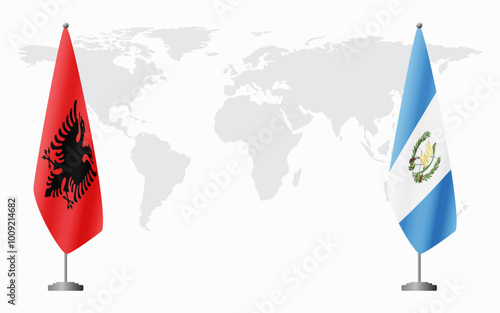 Albania and Guatemala flags for official meeting against background of world map.