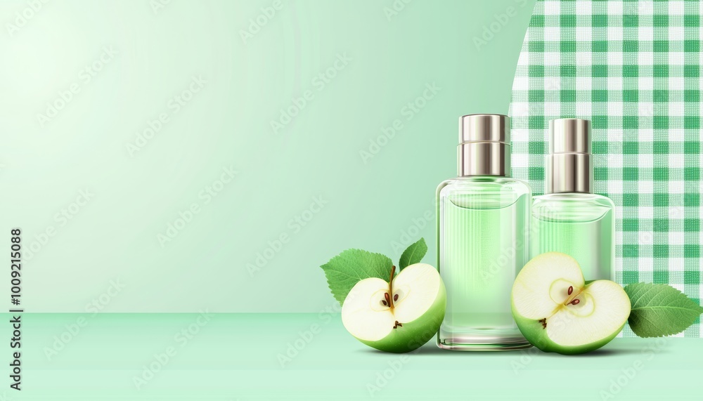 Vector design of perfume bottles with apple slices on a checkered pastel green background. Vector design of perfume bottles with apple slices on a checkered pastel green background.