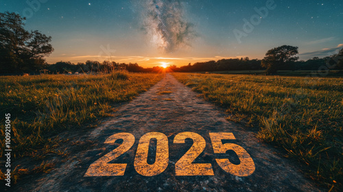 Sunset view with New Year 2025 text on rural road, concept of future photo