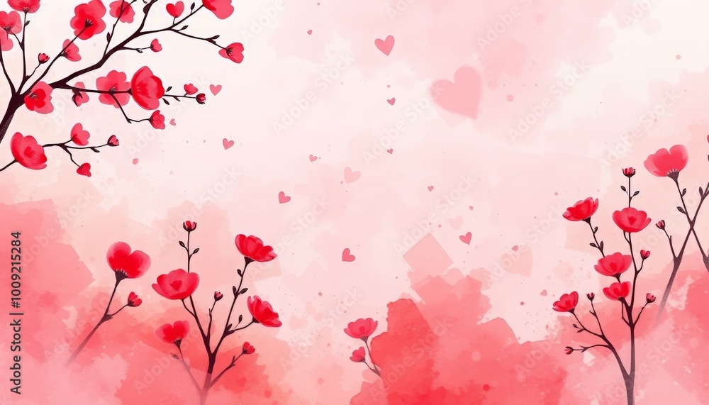 Romantic watercolor painting of red flowers and hearts on pink background with copy space Romantic watercolor painting of red flowers and hearts on pink background with copy space