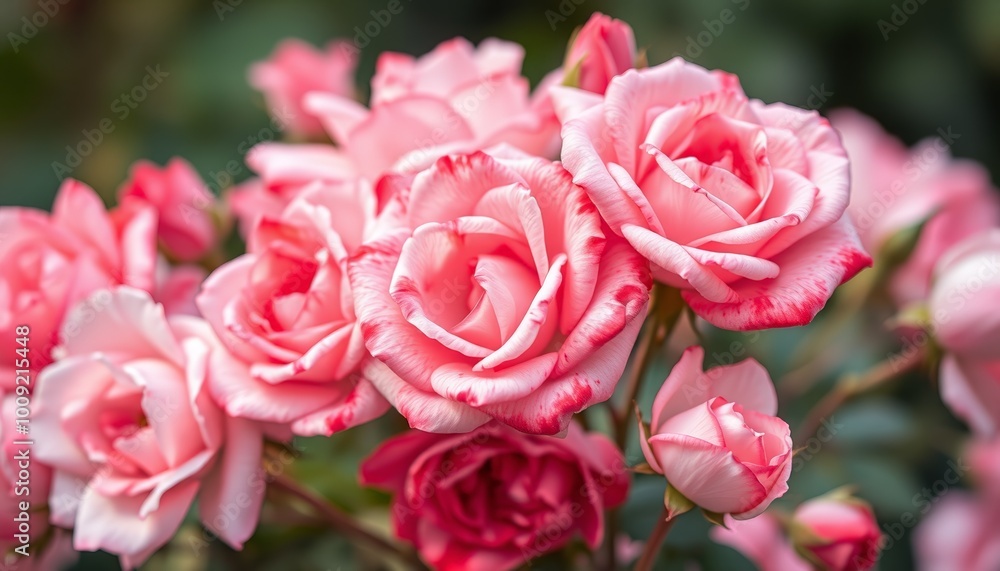Lush pink roses in full bloom symbolizing love and romance against blurred background Lush pink roses in full bloom symbolizing love and romance against blurred background