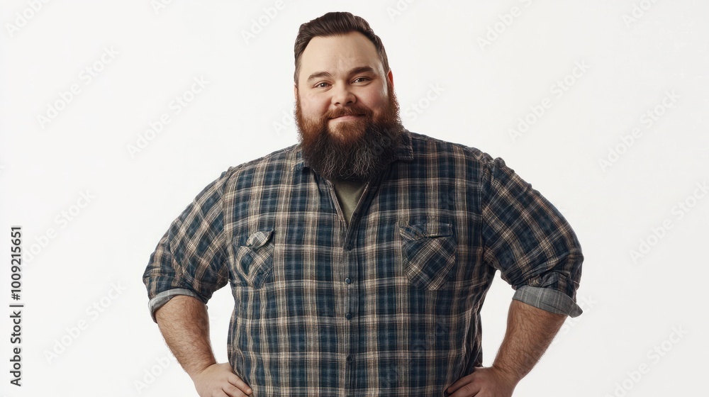 Happy fat man in casual wear and with beard stands on white background, looks into camera and smiles. Cheerful big body positive guy Happy fat man in casual wear and with beard stands on white background, looks into camera and smiles. Cheerful big body positive guy