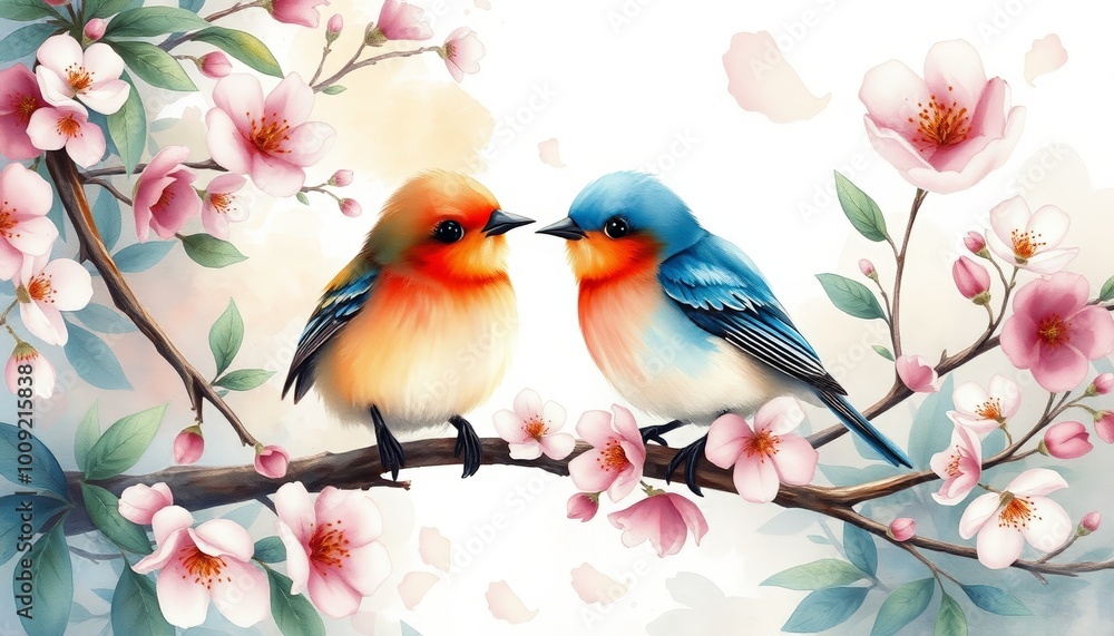 Loving birds on blossoming branch with tender mood against soft watercolor background
