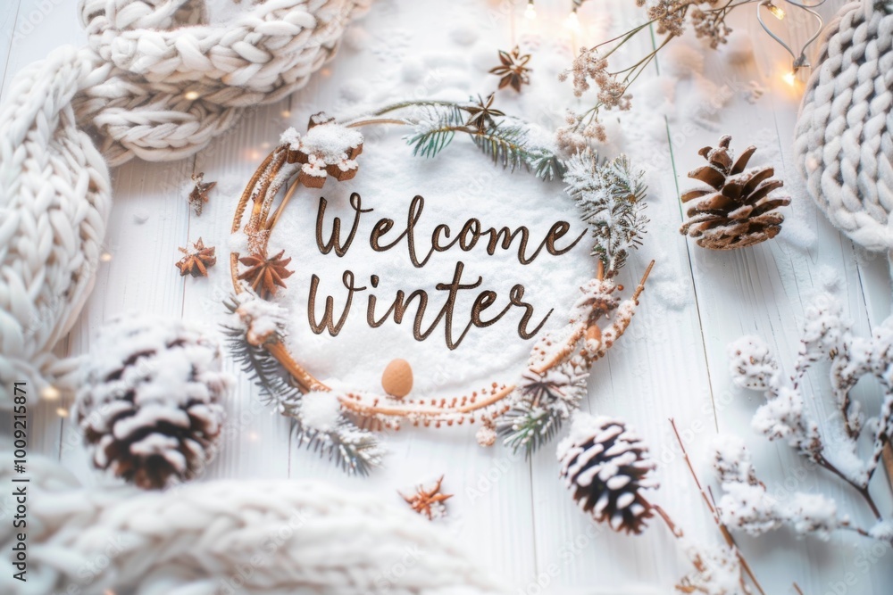 Obraz premium Winter greeting card on flat lay background with pine cones and seasonal decor