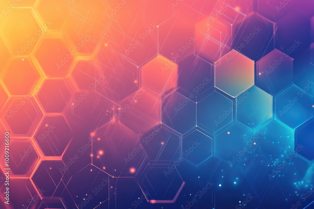 Abstract Random Geometric Hexagon Shapes Wireframe with Orange and Blue Gradient Background Abstract Random Geometric Hexagon Shapes Wireframe with Orange and Blue Gradient Background