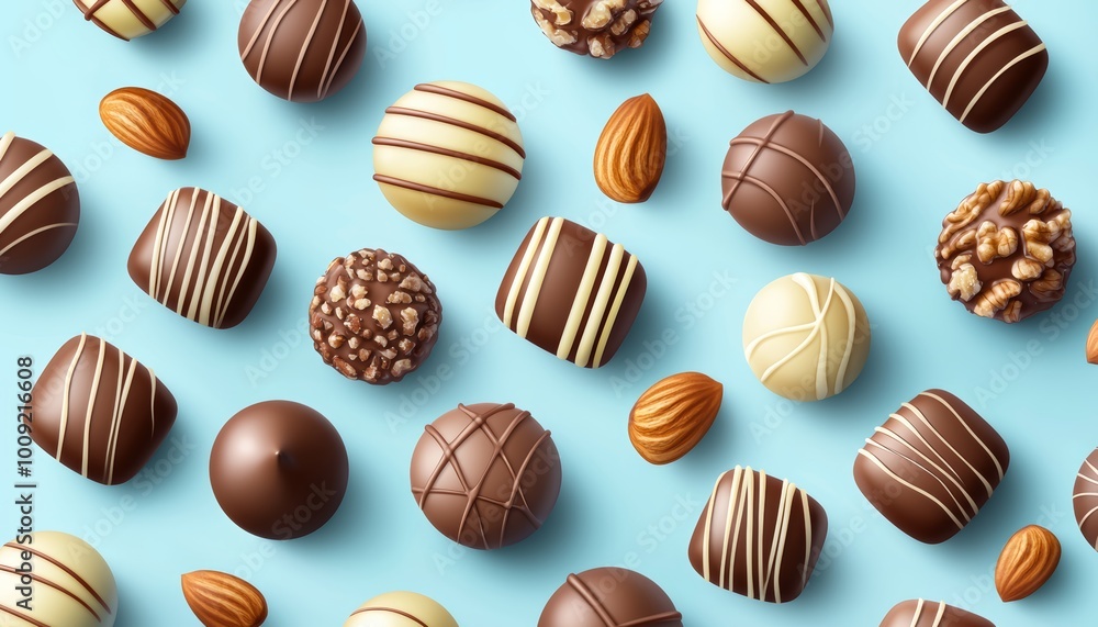 Vector illustration of chocolate bonbons with caramel and nut fillings on a light pastel blue background. Vector illustration of chocolate bonbons with caramel and nut fillings on a light pastel blue background.