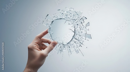 A person holding a shattered mirror, symbolizing a broken sense of self due to negative thinking. photo