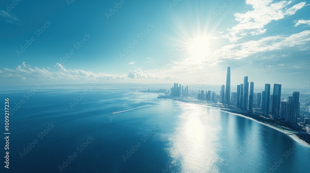 Fototapeta premium Aerial view of a modern city skyline on the coast with blue sky and bright sun.