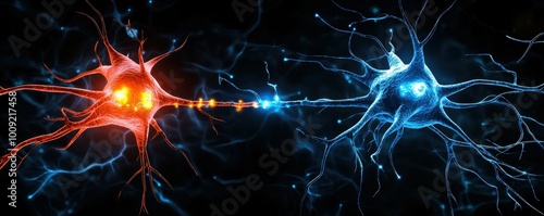 Abstract illustration of two neurons communicating with each other.