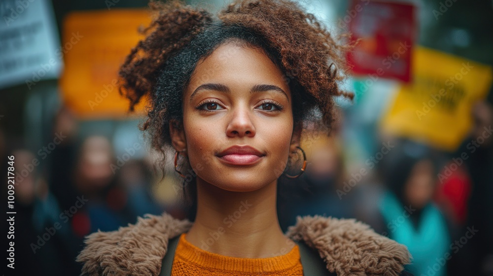 Young Woman with Curly Hair Looking Directly at Camera During a Protest Young Woman with Curly Hair Looking Directly at Camera During a Protest