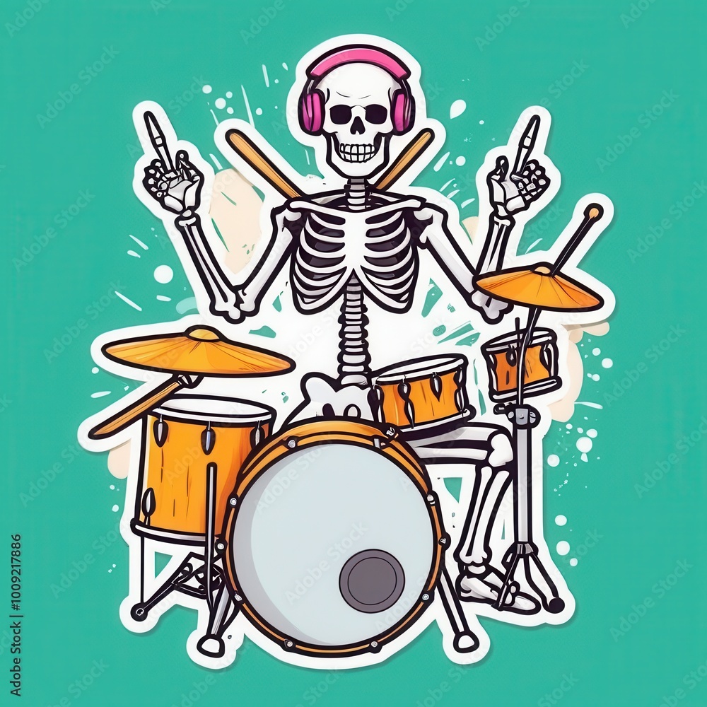 A skeleton drummer rocking out on a bright orange drum set, wearing a colorful headband, creates a fun and lively musical scene with a spooky twist A skeleton drummer rocking out on a bright orange drum set, wearing a colorful headband, creates a fun and lively musical scene with a spooky twist