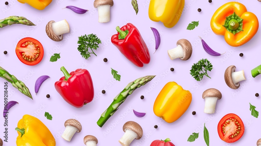 Vector vegetable medley featuring slices of bell pepper, mushrooms, and asparagus on a soft pastel lavender background. Vector vegetable medley featuring slices of bell pepper, mushrooms, and asparagus on a soft pastel lavender background.