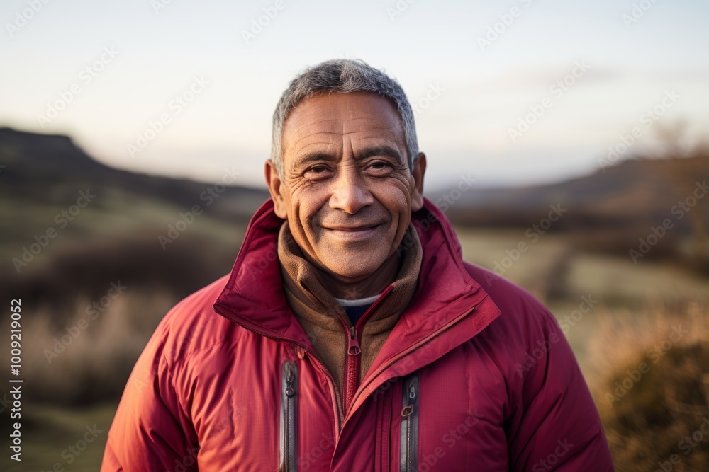 Portrait of a joyful indian man in his 60s donning a durable down jacket in quiet countryside landscape Portrait of a joyful indian man in his 60s donning a durable down jacket in quiet countryside landscape