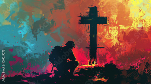 A soldier kneeling in front of a cross, praying for fallen soldiers during a war