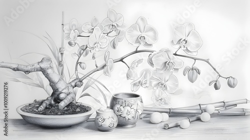 Zen Retreat Delicate Set of Harmonious Still Life with Bonsai Bamboo and Orchids photo