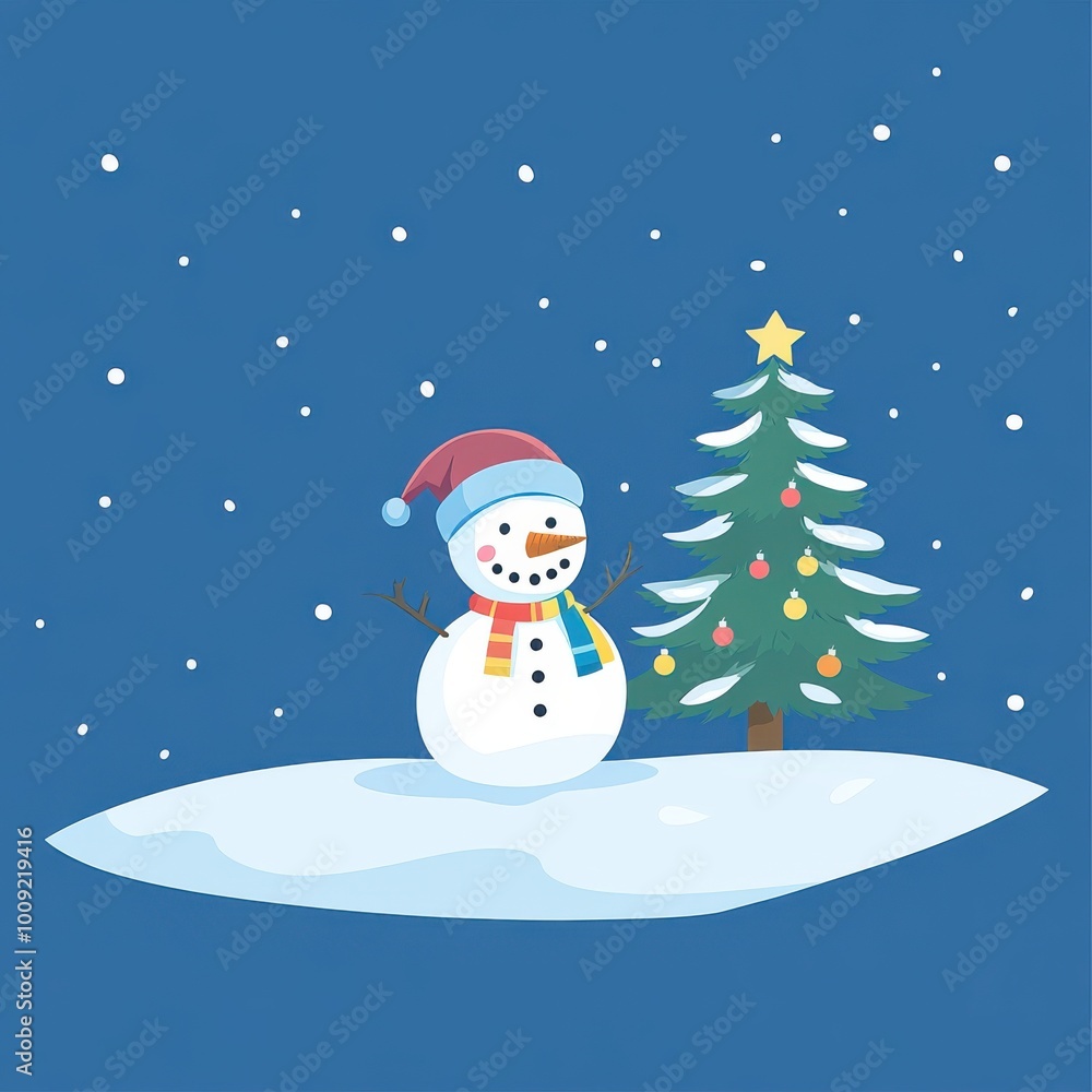 Flat vector illustration of a snowman with a scarf and hat standing next to a Christmas tree on a blue background. The design is simple, with a limited color palette, and has a cute, cartoonish style. Flat vector illustration of a snowman with a scarf and hat standing next to a Christmas tree on a blue background. The design is simple, with a limited color palette, and has a cute, cartoonish style.