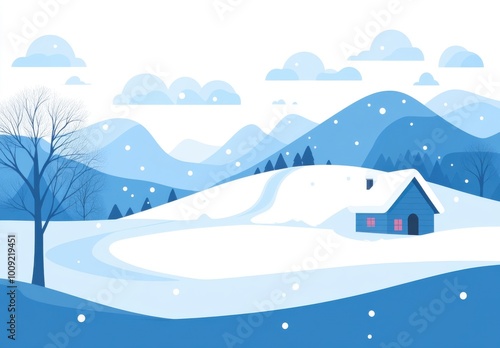 Winter landscape with house and mountains, simple flat vector illustration, blue colors, white background, simple shapes, cute style