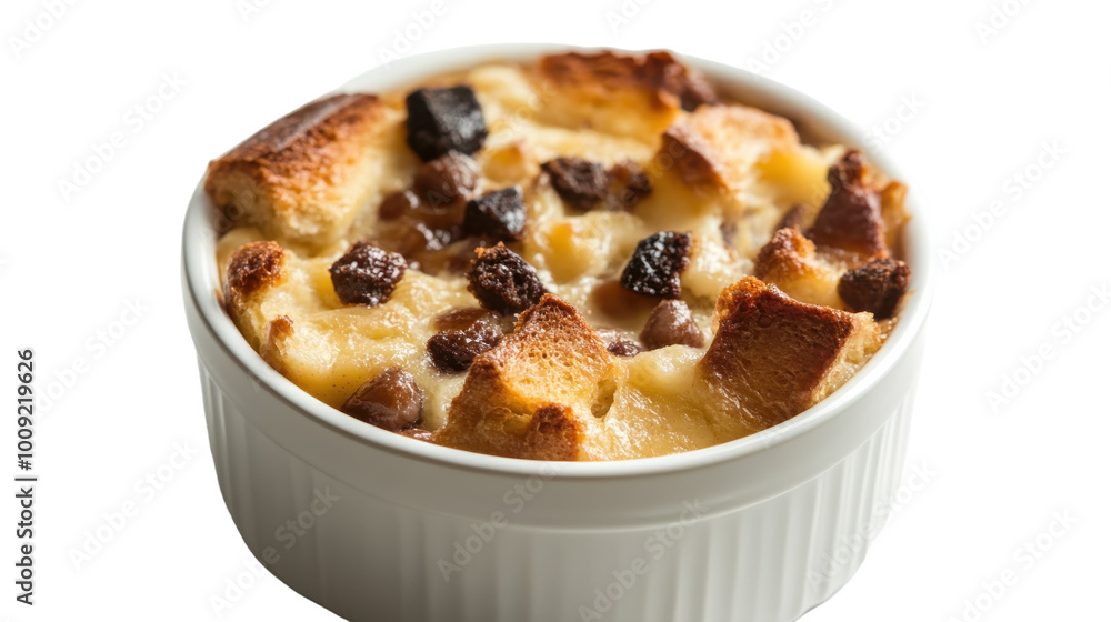 Decadent bread pudding with chocolate chips baked fresh in a cozy kitchen, on the transparent background. PNG Format Decadent bread pudding with chocolate chips baked fresh in a cozy kitchen, on the transparent background. PNG Format