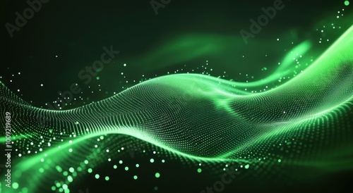 Abstract green background with a wave of glowing dots and particles, a digital technology concep