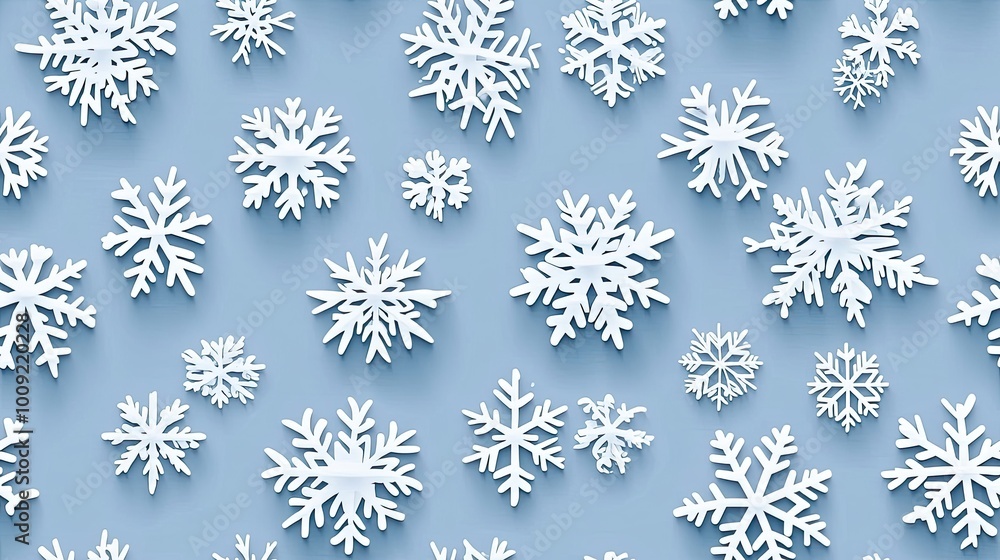 This seamless pattern features intricate white snowflakes on a blue background, perfect for winter decor, packaging, or textile design, evoking a festive atmosphere. SEAMLESS PATTERN This seamless pattern features intricate white snowflakes on a blue background, perfect for winter decor, packaging, or textile design, evoking a festive atmosphere. SEAMLESS PATTERN