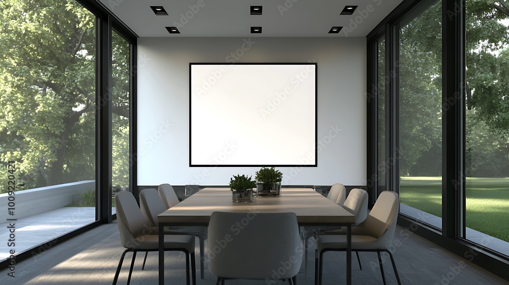 Modern dining room with large blank canvas and windows overlooking a green lawn Modern dining room with large blank canvas and windows overlooking a green lawn