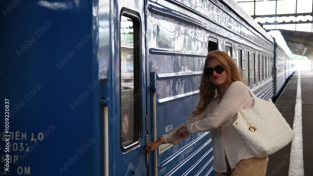 Side view of beautiful caucasian blond long haired woman in white clothing trying to open door of blue railroad passenger car. Soft focus. Fun at public transportation theme. Side view of beautiful caucasian blond long haired woman in white clothing trying to open door of blue railroad passenger car. Soft focus. Fun at public transportation theme.