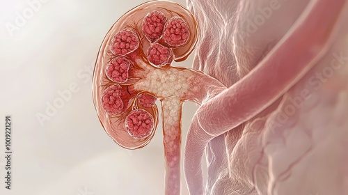 A 3D medical illustration of a human kidney.