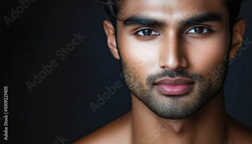 close up of young indian handsome man on black background