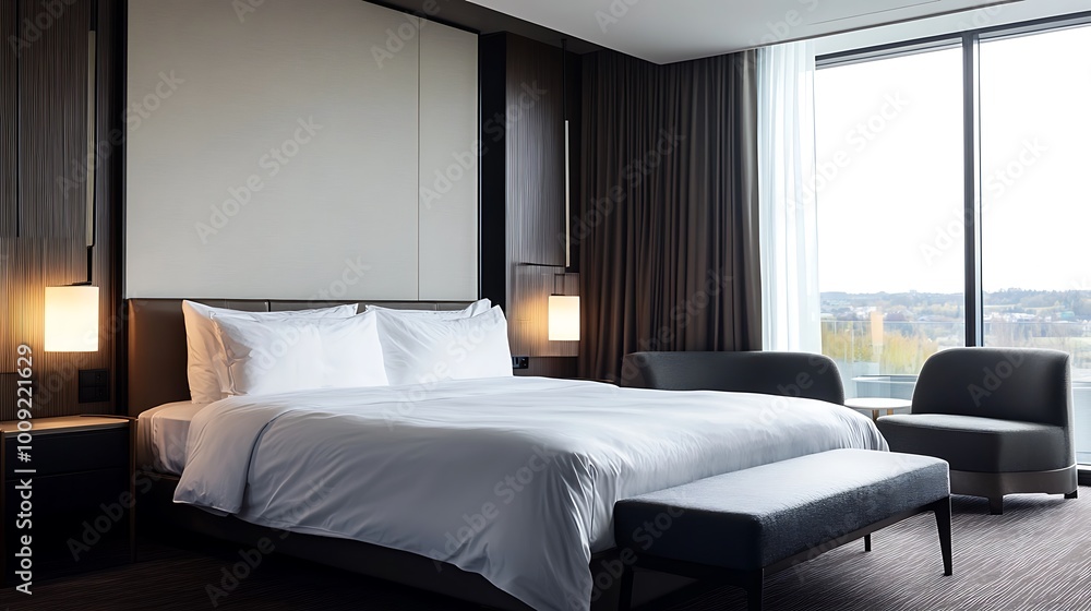Modern Hotel Room with King-Sized Bed and City View