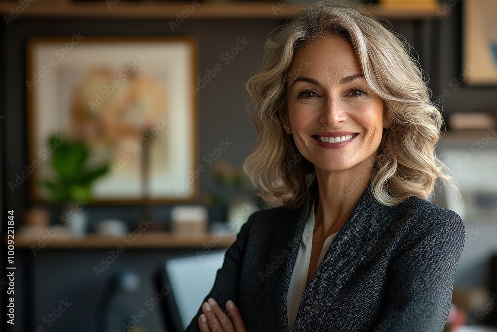 Excited to do it all over again: Mature business woman smiling in her office, wearing a classy business suit, Generative AI Excited to do it all over again: Mature business woman smiling in her office, wearing a classy business suit, Generative AI