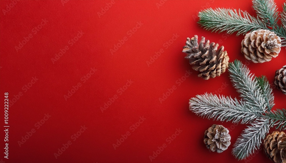 Pinecones and evergreen branches against a red background, perfect for winter themes. Pinecones and evergreen branches against a red background, perfect for winter themes.