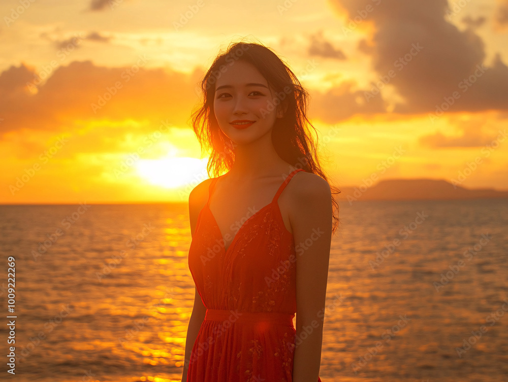 A young woman in a red dress is standing on a beach at sunset, looking up at the sky.