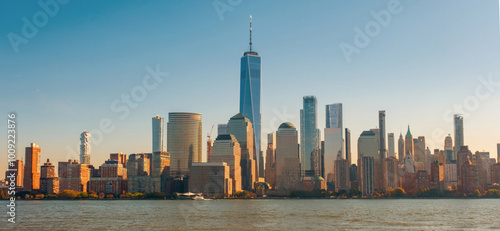 New York skyline of World Trade Center. New York urban city. Downtown New York. Urban life in New York.