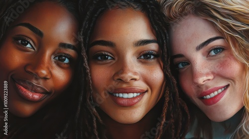 Portrait of three women of diverse ethnicities with contrasting hairstyles, smiling together