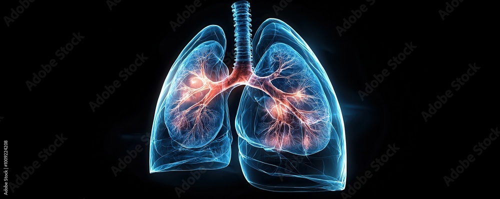A digital illustration of human lungs on a black background. A digital illustration of human lungs on a black background.