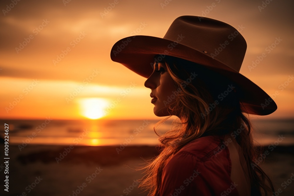 Portrait of a satisfied woman in her 40s wearing a rugged cowboy hat on beautiful beach sunset Portrait of a satisfied woman in her 40s wearing a rugged cowboy hat on beautiful beach sunset