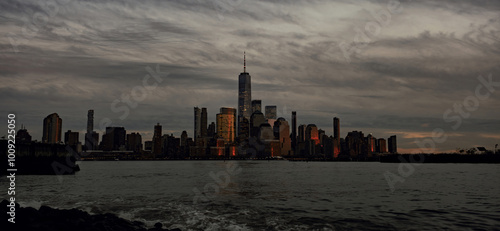 One World Trade Center. WTC memorial. Lower Manhattan view. View from New Jersey. New York City skyline. New York skyline of World Trade Center.