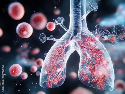 3D illustration of lungs with red particles floating in the air. photo